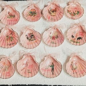 12 Days Of Christmas Decoupaged Scallop Shells Pink Glitter And Ribbon Gold Edge